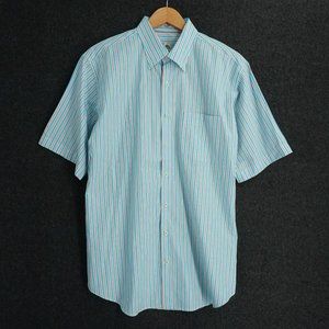 Peter Millar Mens Shirt Button Up Short Sleeve Blue White Striped Cotton Large